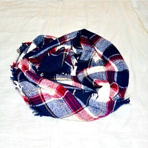 Woven Plaid Scarf in Blue, Red, White & Gold